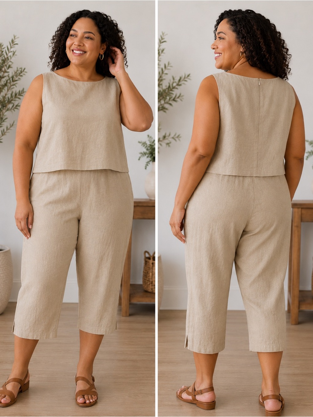 Worthington Stretch Vintage Linen-blend Crop Top & High Waist Crop Pant Sz 20T
